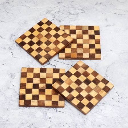Modern Brown Check Pattern Wooden Coasters - Pack of 4